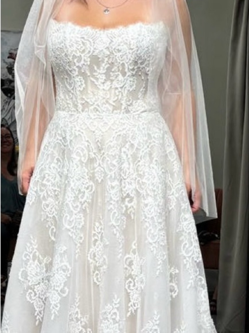 Strapless White Lace Bridal Gown. Calla Blanche